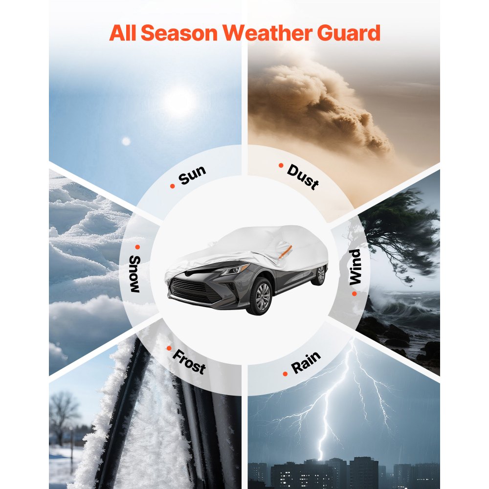 VEVOR Car Cover, Car Cover Waterproof for Dodge Challenger Full Size Sedan, Custom-fit All Weather Sun Rain Wind Dust Snow Protection Full Exterior Covers with Door Zipper and Cotton Lining, Silver