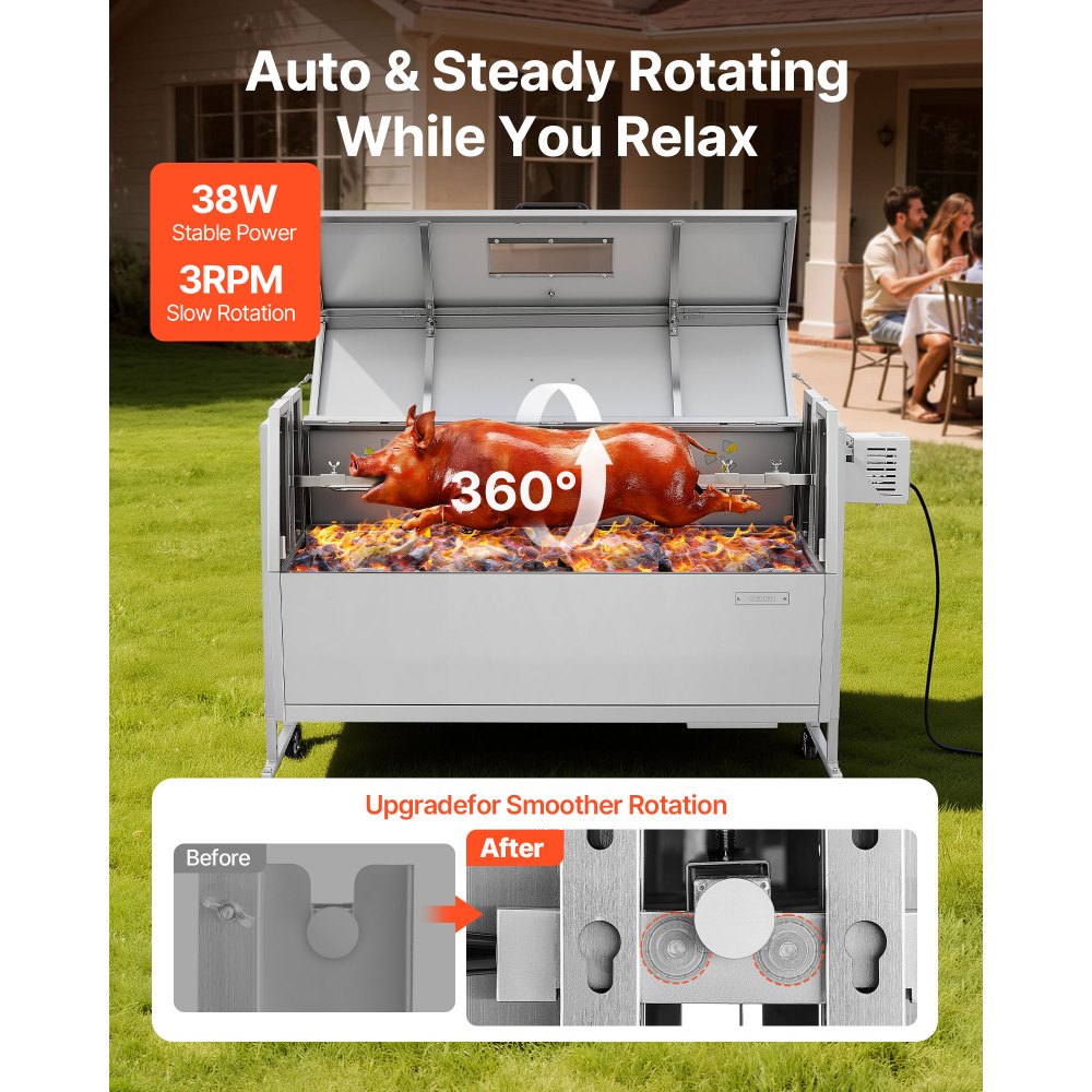 VEVOR Rotisserie Grill 38W BBQ Outdoor Pig & Lamb Spit Roaster, Charcoal Spit Roaster with 132 LBS Capacity, Wheels & 4-Level Height, Stainless Steel Rotisserie Grill Kit for Camping Outdoor Parties