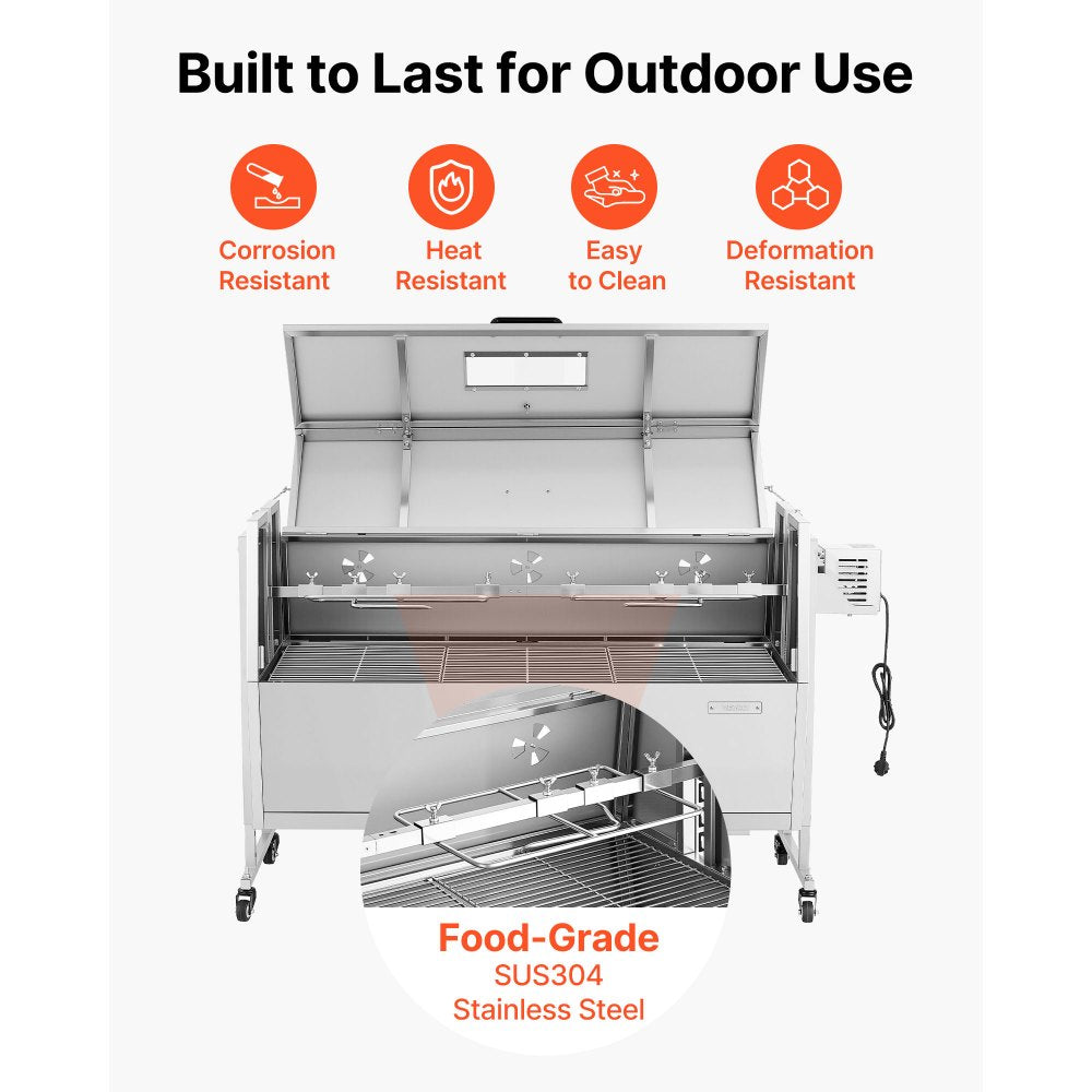VEVOR Rotisserie Grill 38W BBQ Outdoor Pig & Lamb Spit Roaster, Charcoal Spit Roaster with 132 LBS Capacity, Wheels & 4-Level Height, Stainless Steel Rotisserie Grill Kit for Camping Outdoor Parties