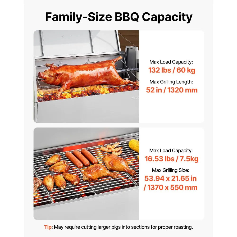 VEVOR Rotisserie Grill 38W BBQ Outdoor Pig & Lamb Spit Roaster, Charcoal Spit Roaster with 132 LBS Capacity, Wheels & 4-Level Height, Stainless Steel Electric Rotisserie Grill Kit for Camping Outdoor
