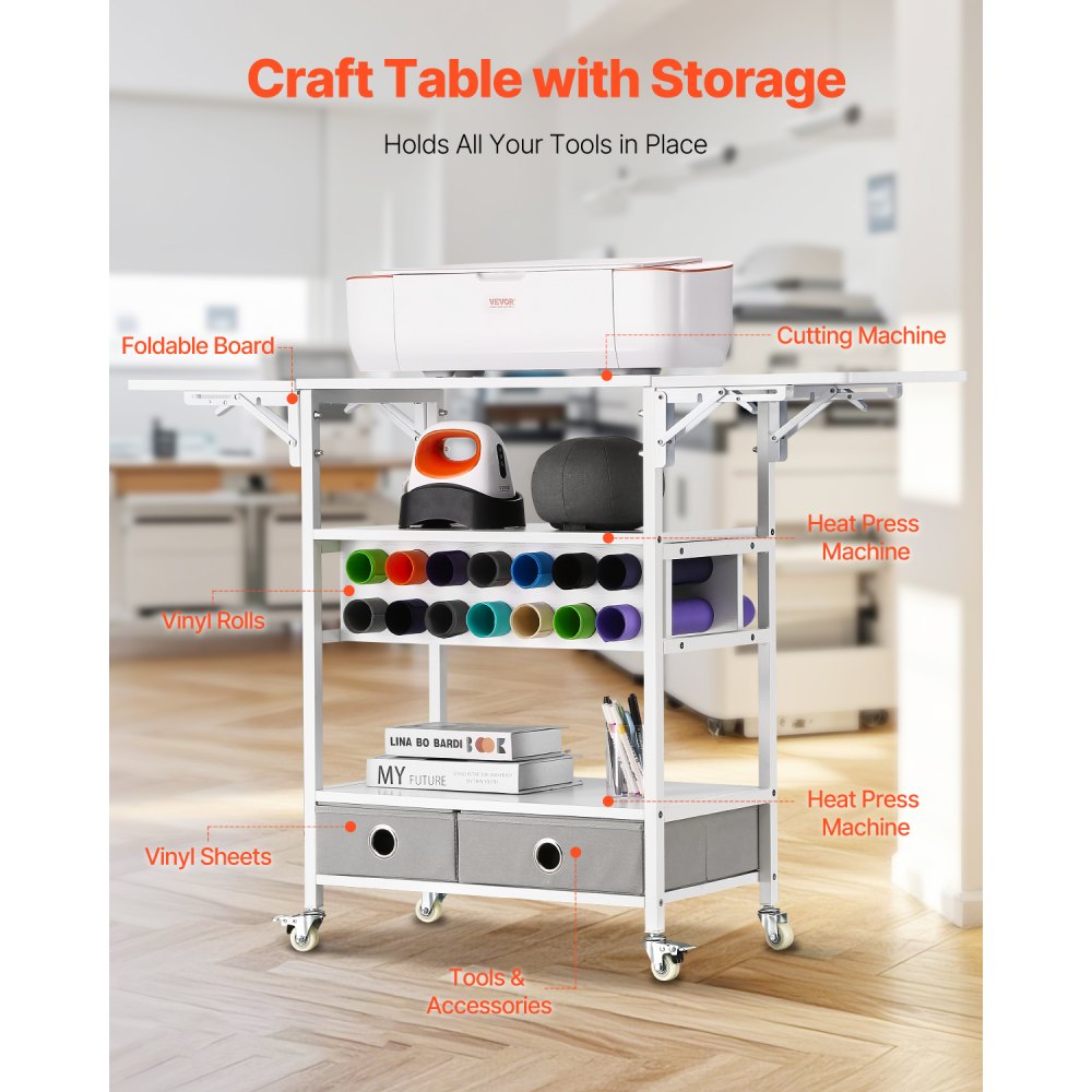 VEVOR Rolling Craft Cart and Storage Table, Compatible with Cricut Machines, Collapsible Cricut Table with Foldable Sides, Craft Rolling Storage Organizer with 14 Vinyl Roll Holders and 2 Drawers