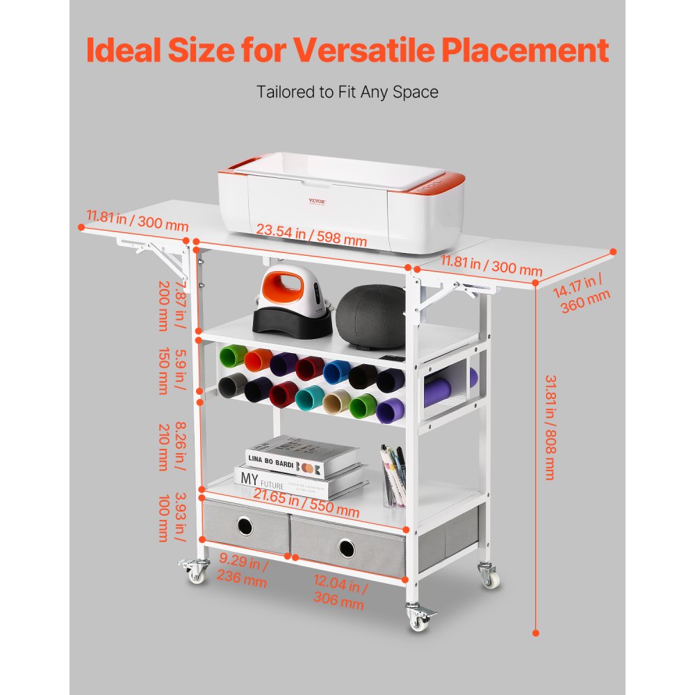 VEVOR Rolling Craft Cart and Storage Table, Compatible with Cricut Machines, Collapsible Cricut Table with Foldable Sides, Craft Rolling Storage Organizer with 14 Vinyl Roll Holders and 2 Drawers