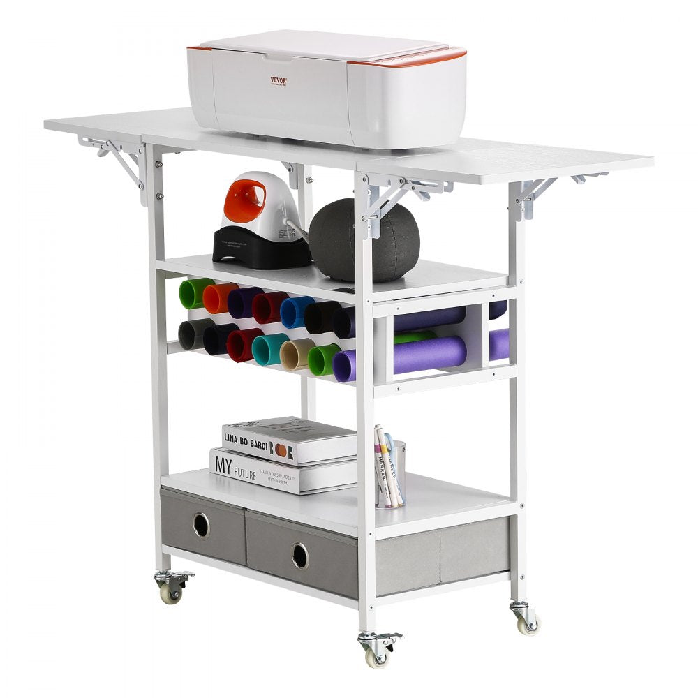 VEVOR Rolling Craft Cart and Storage Table, Compatible with Cricut Machines, Collapsible Cricut Table with Foldable Sides, Craft Rolling Storage Organizer with 14 Vinyl Roll Holders and 2 Drawers