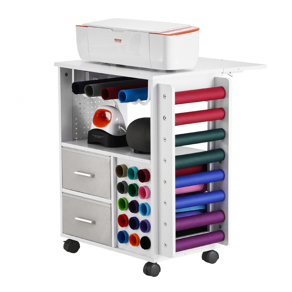 VEVOR Rolling Craft Cart and Storage Table, Compatible with Cricut Machines, Crafting Table Organization Workstation with 2 USB Ports and Outlets, 15 Vinyl Roll Holders and 2 Drawers, for Craft Room