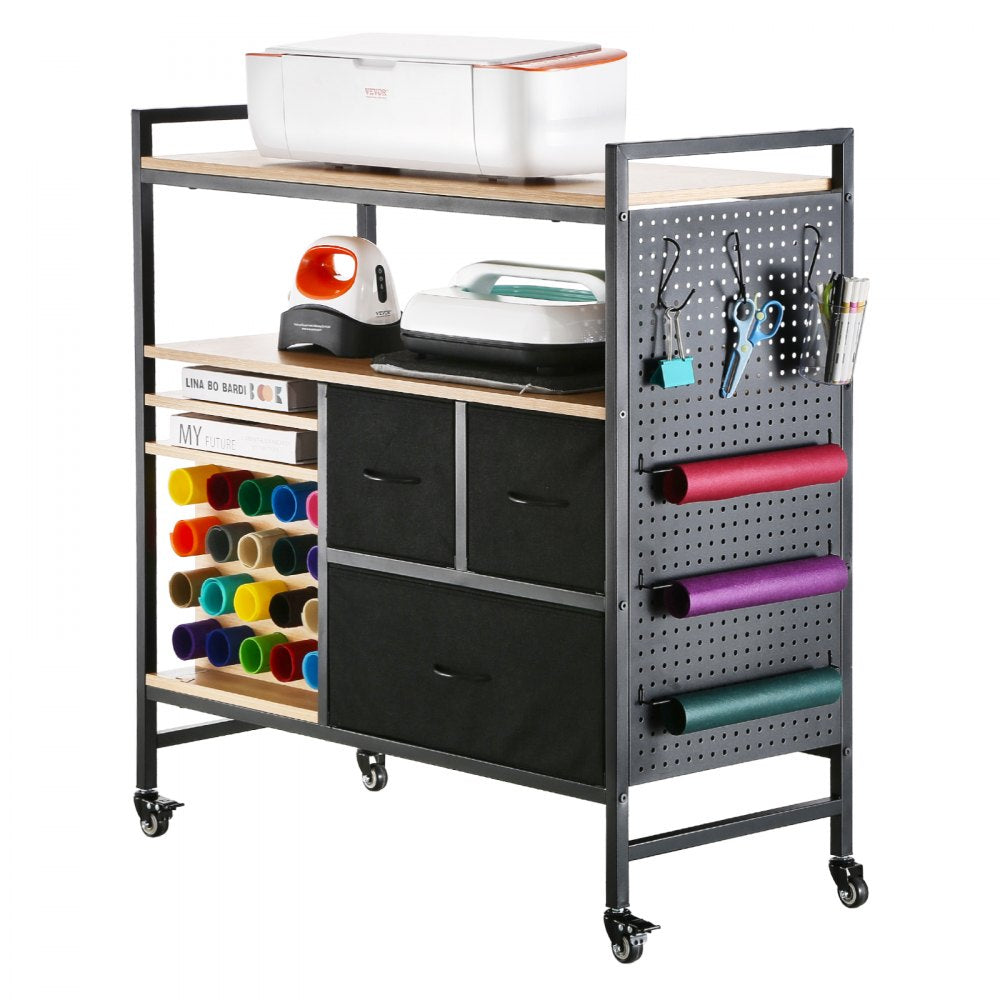 VEVOR Rolling Craft Cart and Storage Table, Compatible with Cricut Machines, Crafting Table Organization Workstation, Craft Rolling Storage Organizer with 20 Vinyl Roll Holders and 3 Drawers, Black