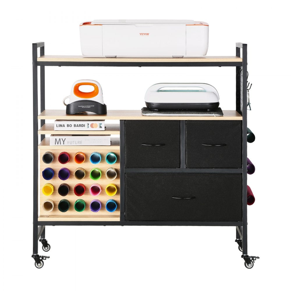 VEVOR Rolling Craft Cart and Storage Table, Compatible with Cricut Machines, Crafting Table Organization Workstation, Craft Rolling Storage Organizer with 20 Vinyl Roll Holders and 3 Drawers, Black