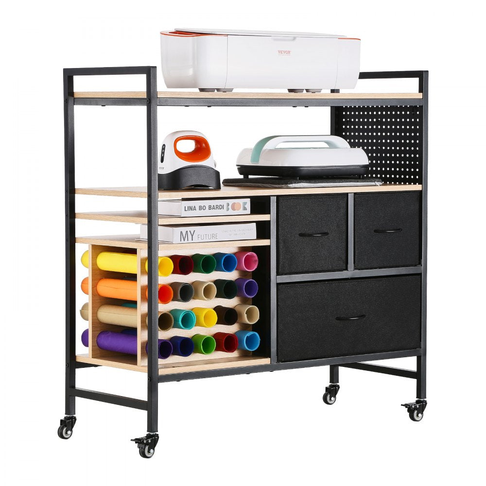 VEVOR Rolling Craft Cart and Storage Table, Compatible with Cricut Machines, Crafting Table Organization Workstation, Craft Rolling Storage Organizer with 20 Vinyl Roll Holders and 3 Drawers, Black