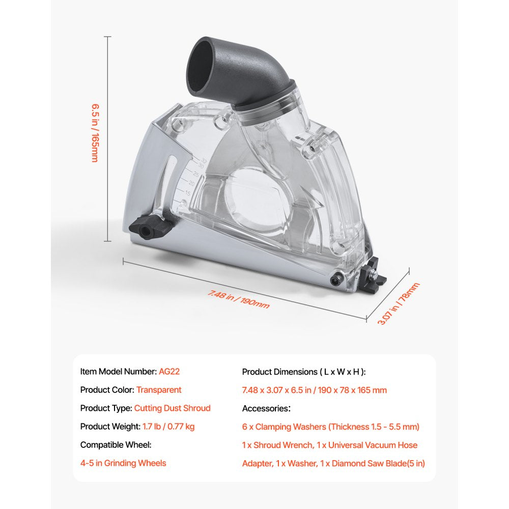 VEVOR Cutting Dust Shroud for Angle Grinders, Universal 4-5 in Angle Grinder Dust Shroud with 6 Clamping Washers & 5 in Diamond Grinding Cup Wheel, Adjustable Cutting Depth, Connect to Vacuum Cleaner