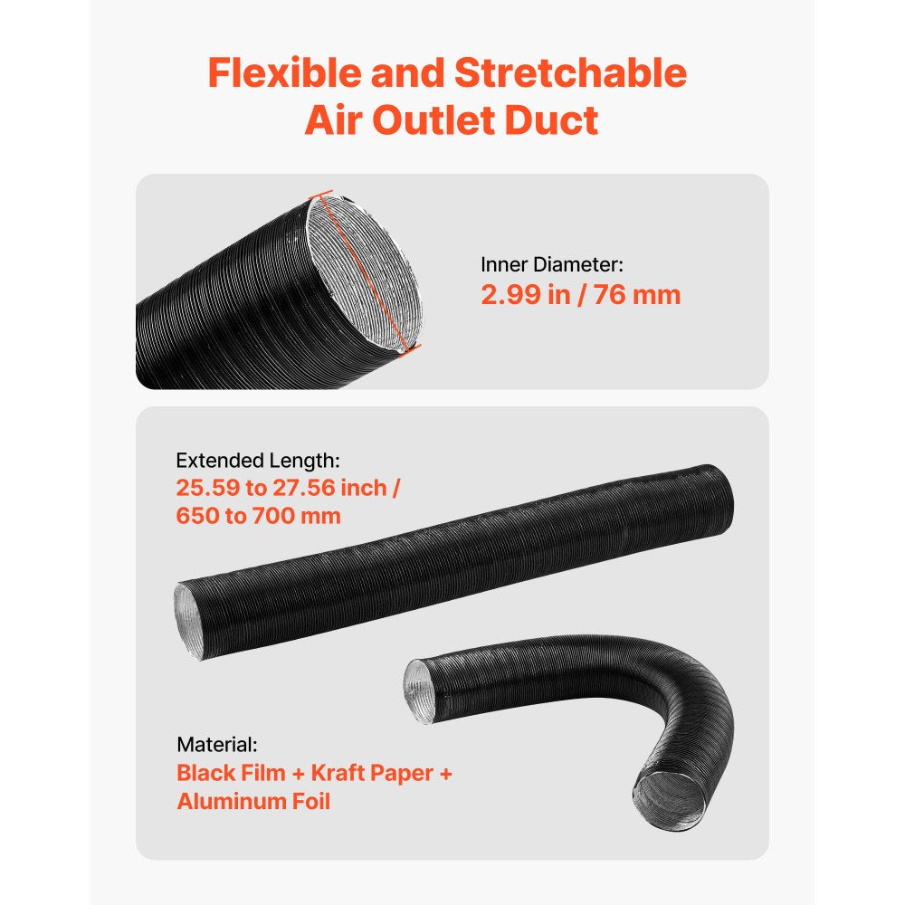 VEVOR Diesel Heater Pipe Duct Vent Kit, 3-inch Heater Pipe Warm Air Outlet Vent Set with Y-Shaped Connector & Air Duct Clamps, Parking Heaters Air Ducts Vent Kit for 5KW 8KW Diesel Heaters, Black