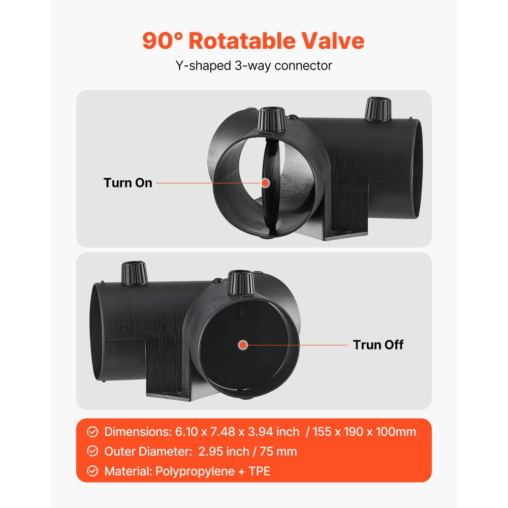 VEVOR Diesel Heater Pipe Duct Vent Kit, 3-inch Heater Pipe Warm Air Outlet Vent Set with Y-Shaped Connector & Air Duct Clamps, Parking Heaters Air Ducts Vent Kit for 5KW 8KW Diesel Heaters, Black