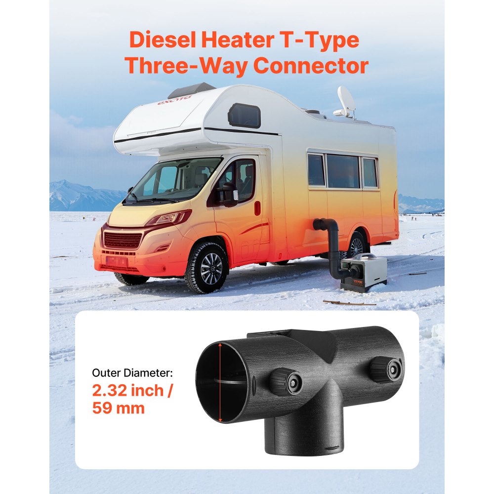 VEVOR Diesel Heater Connector, 2.32 inch Diesel Heater Duct Connector Accessories, T-shape 3 Way Air Vent Connectors with 2 90° Rotatable Valves, Black Joint Connectors for 2KW Diesels Heaters