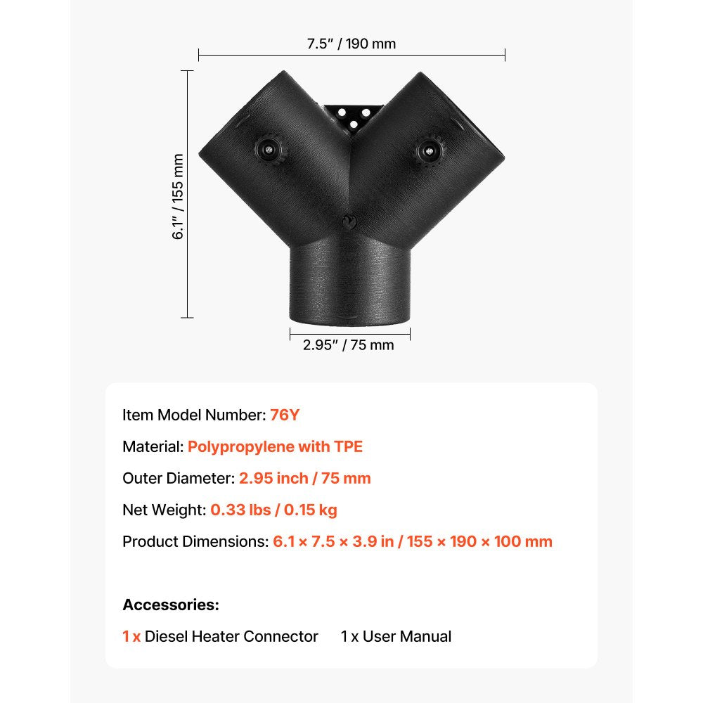 VEVOR Diesel Heater Connector, 3 inch Diesel Heater Duct Connector Accessories, 3-Way Y Branch Diesels Heaters Air Vent Duct with 2 90° Rotatable Valves, Black Joint Connectors for 2KW 5KW 8KW Heaters