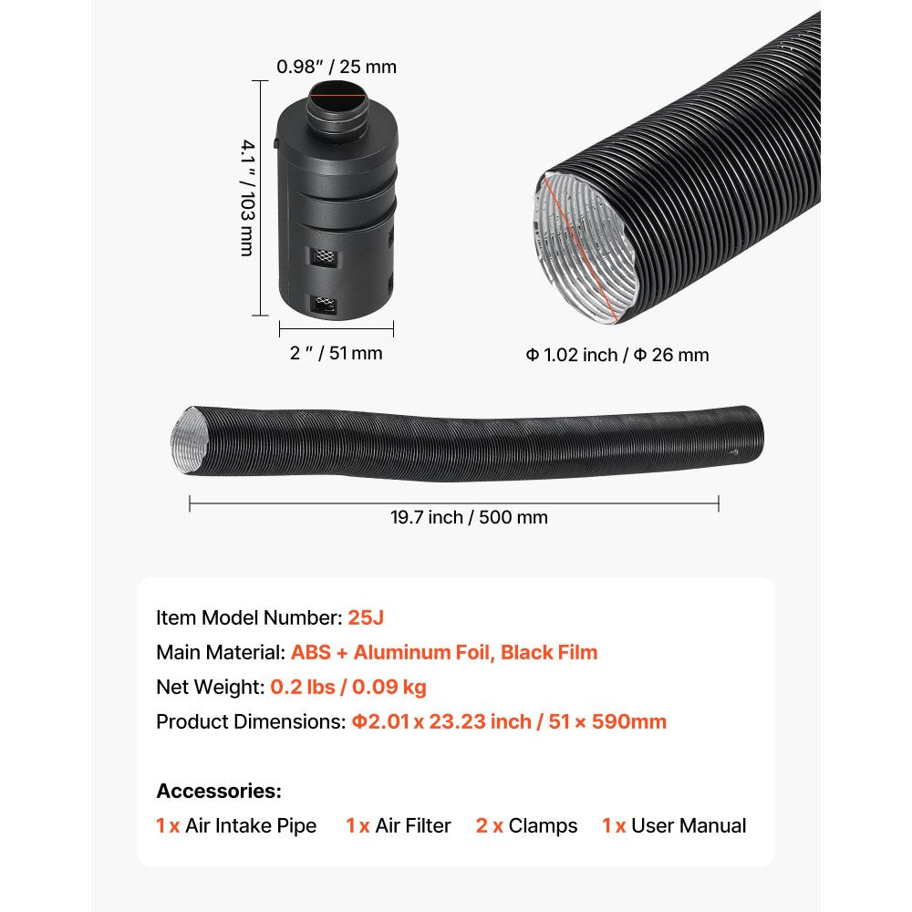 VEVOR Diesel Heater Intake Pipe Kit, 0.98 inch Car Air Parking Heater Ducting Pipe Hose Tube, Stretchable & Bendable Car Air Intake Filter Silencer Hose Pipes Kit for 2KW 5KW 8KW Diesel Heaters