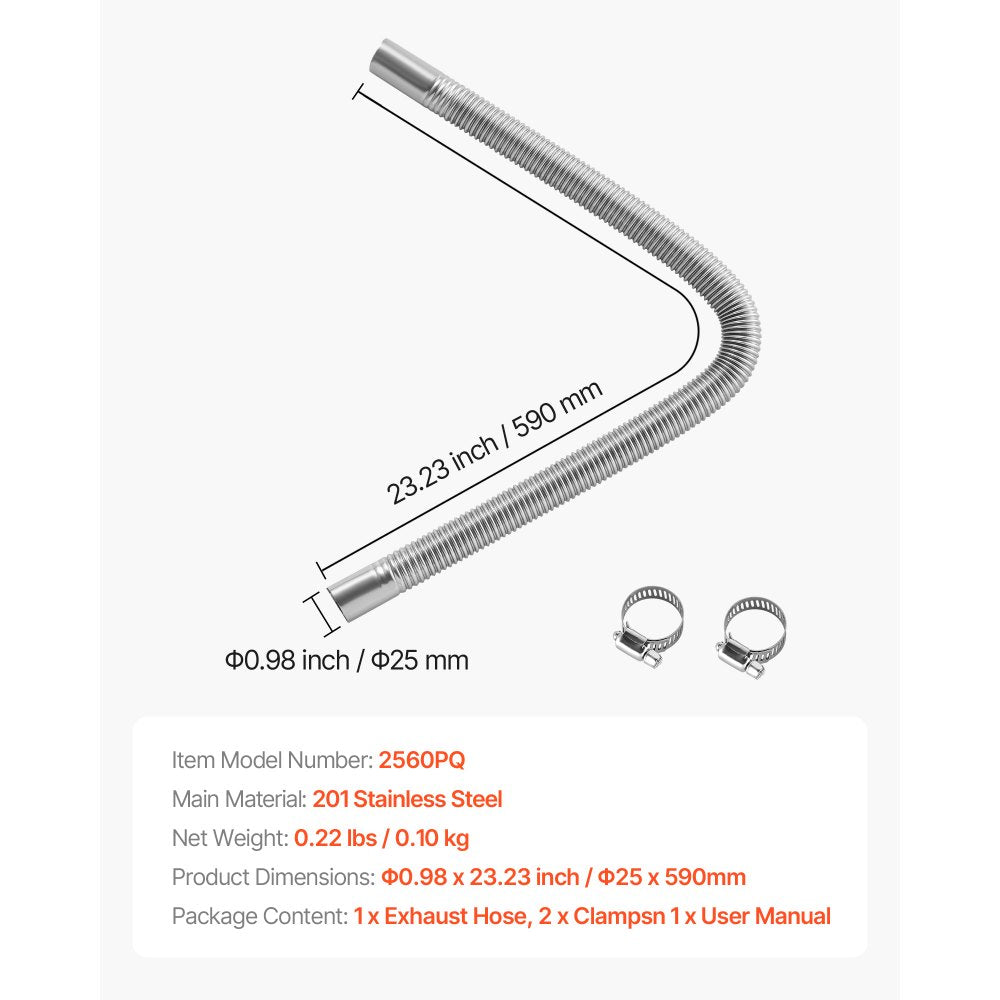 VEVOR Exhaust Hose, 23.6 inch Diesel Heater Flexible Exhaust Pipe, Stainless Steel Exhausts Hoses with 2 Hose Clamps, Air Diesel Parking Heater Exhausts Hoses Line for 2KW 5KW 8KW Diesels Heaters