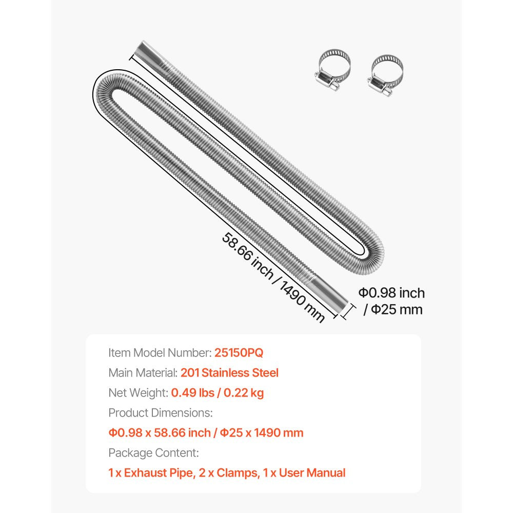 VEVOR Exhaust Hose, 58.7 inch Stainless Steel Exhausts Hose, Diesel Heater Flexible Exhaust Pipe with 2 Hose Clamps, Exhausts Hoses Kit Diesel Heater Accessories for 2KW 5KW 8KW Diesels Heaters