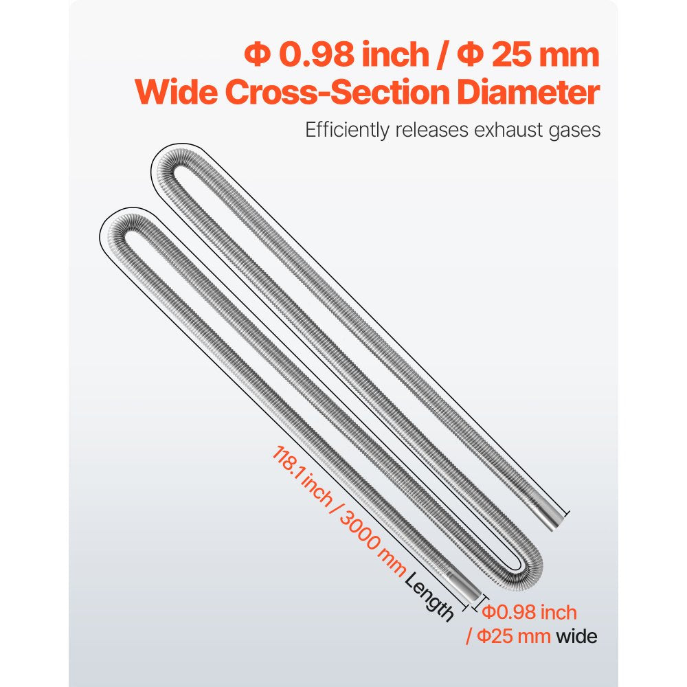VEVOR Exhaust Hose, 118.1 inch Stainless Steel Exhausts Hose, Diesel Heater Flexible Exhaust Pipe with 2 Hose Clamps, Exhausts Hoses Kit Diesel Heater Accessories for 2KW 5KW 8KW Diesels Heaters