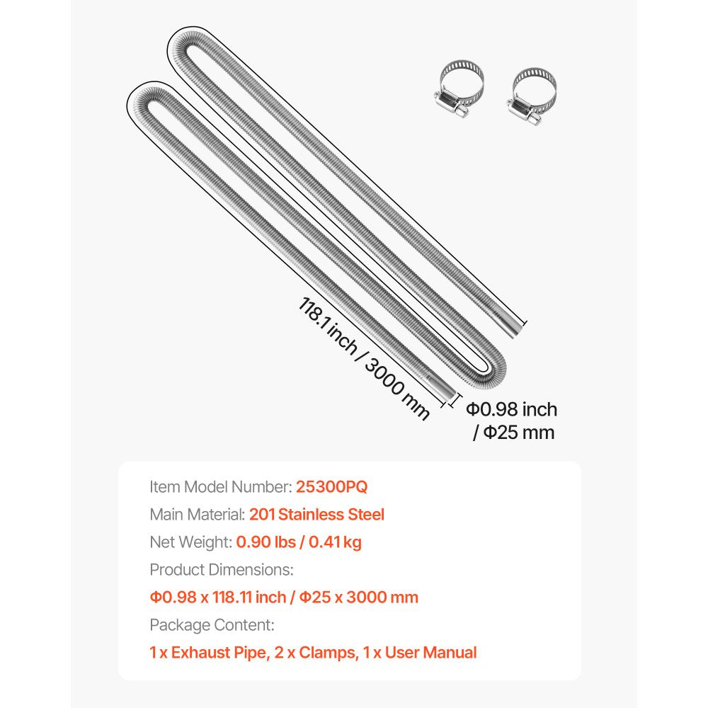 VEVOR Exhaust Hose, 118.1 inch Stainless Steel Exhausts Hose, Diesel Heater Flexible Exhaust Pipe with 2 Hose Clamps, Exhausts Hoses Kit Diesel Heater Accessories for 2KW 5KW 8KW Diesels Heaters