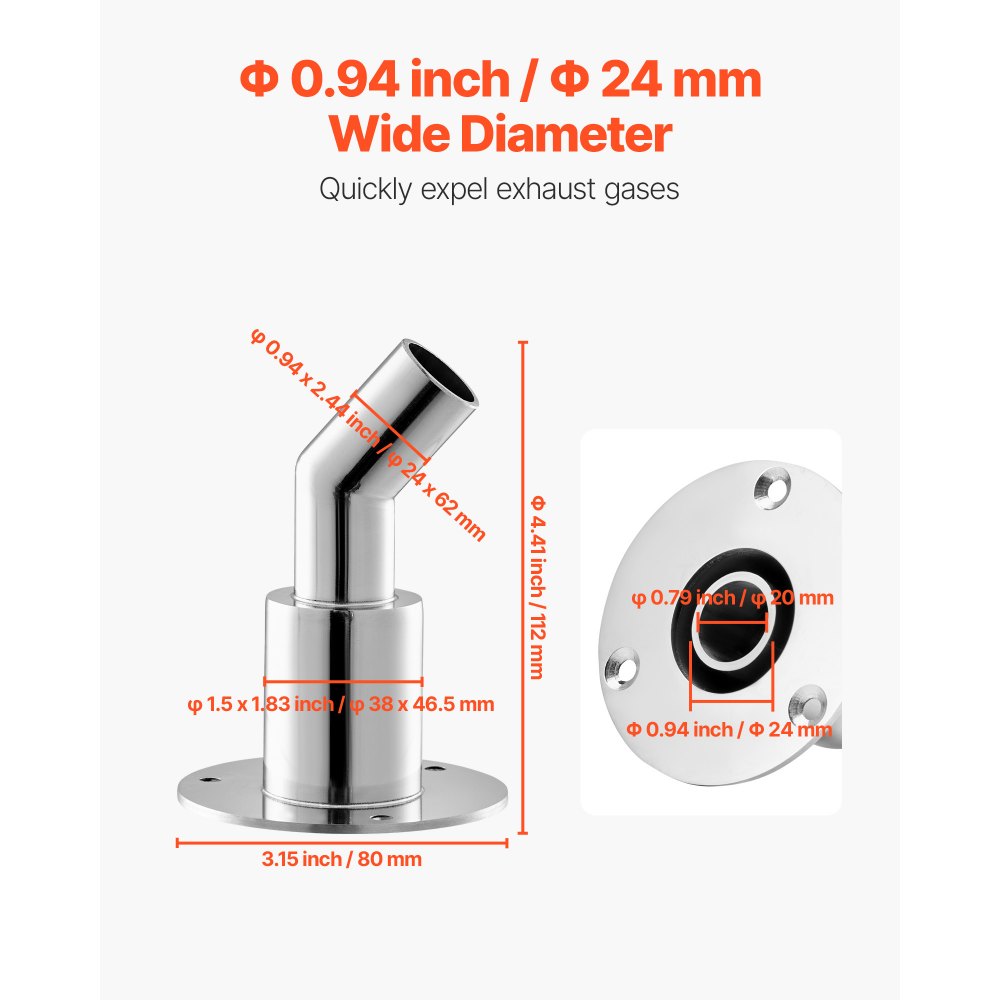 VEVOR Thru Hull Exhaust Skin Fitting, 0.94 inch Diesel Heater Exhaust Skin Fitting, Elbow Hull Exhausts Pipe Socket Replacement with Screws, Nuts & Gasket for Diesel Heaters, 316 Stainless Steel