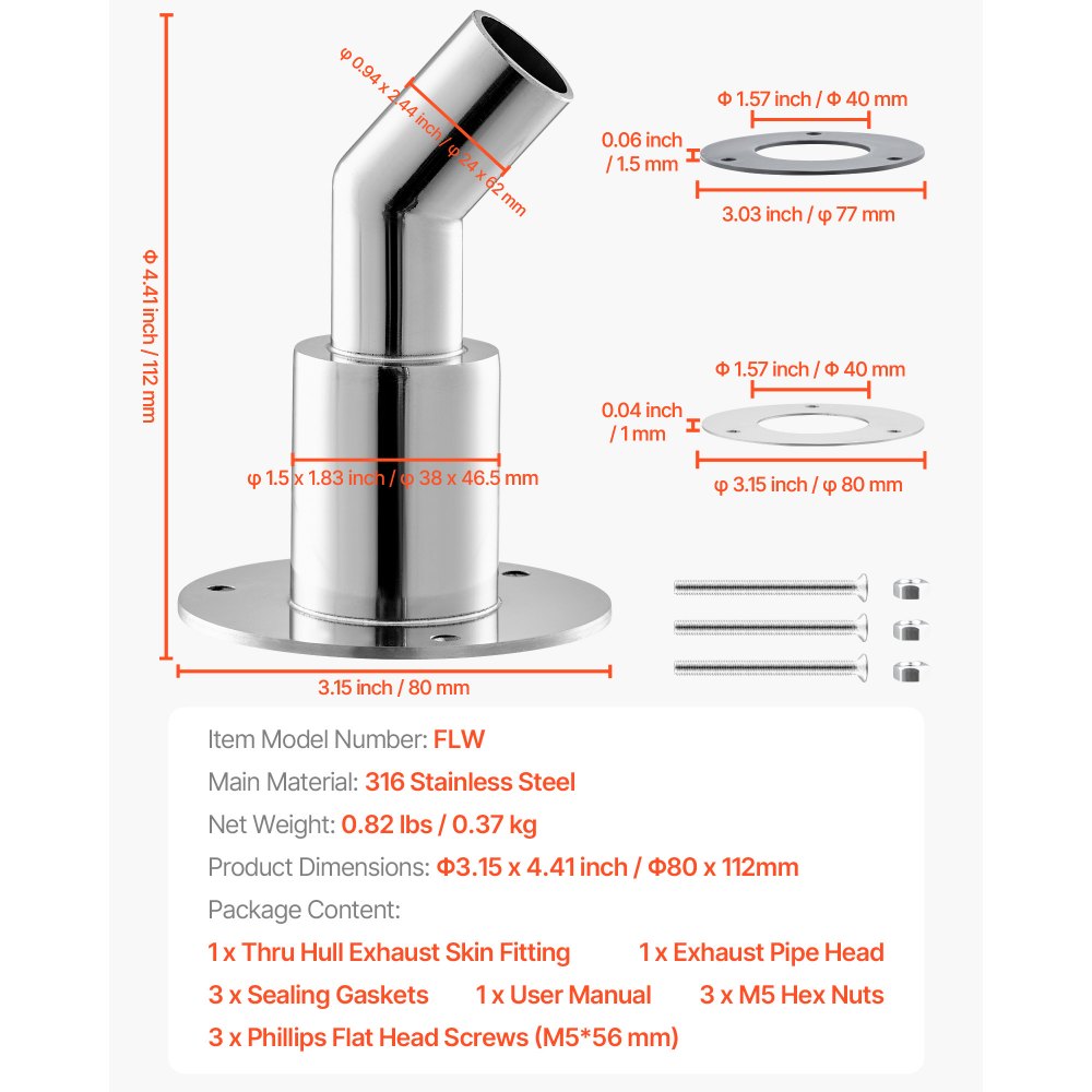 VEVOR Thru Hull Exhaust Skin Fitting, 0.94 inch Diesel Heater Exhaust Skin Fitting, Elbow Hull Exhausts Pipe Socket Replacement with Screws, Nuts & Gasket for Diesel Heaters, 316 Stainless Steel