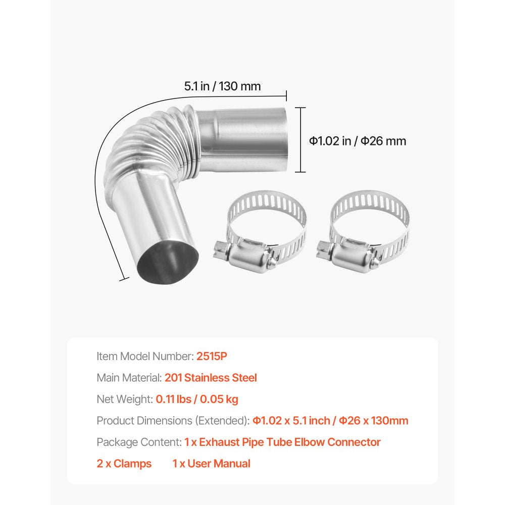 VEVOR Exhaust Pipe Tube Elbow Connector, 0.98 inch Diesel Heater Exhaust Elbow, Air Parking Heater Exhausts Pipe Tube Elbows Connector 2 Clamps for 2KW 5KW 8KW Diesel Heater, 201 Stainless Steel