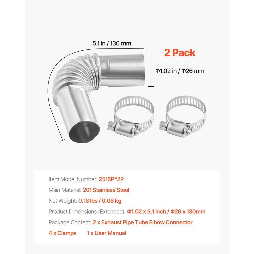 VEVOR Exhaust Pipe Tube Elbow Connector, 0.98 inch Diesel Heater Exhaust Elbow, Stainless Steel Windproof Cap Gas Water Heater 4 Clamps for 2KW 5KW 8KW Diesel Heater, Diesel Heaters Exhausts Elbows