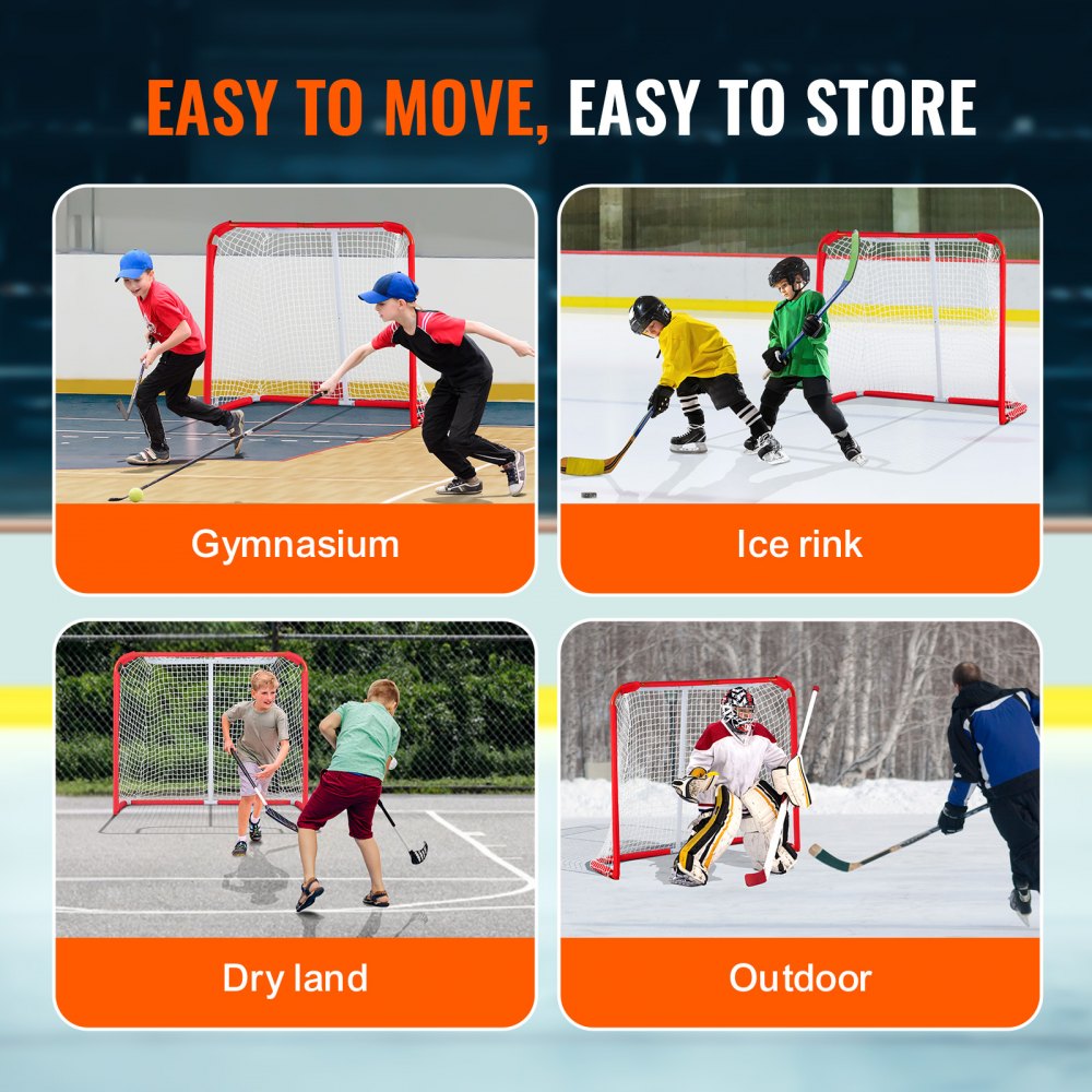 VEVOR Youth Street Hockey Net, Indoor Outdoor Steel Hockey Goal, Portable Lightweight Youth Street + Roller for Kids, Junior Hockey Training Goal Set with Net, Easy Assemble, 54" x 44", White/Red