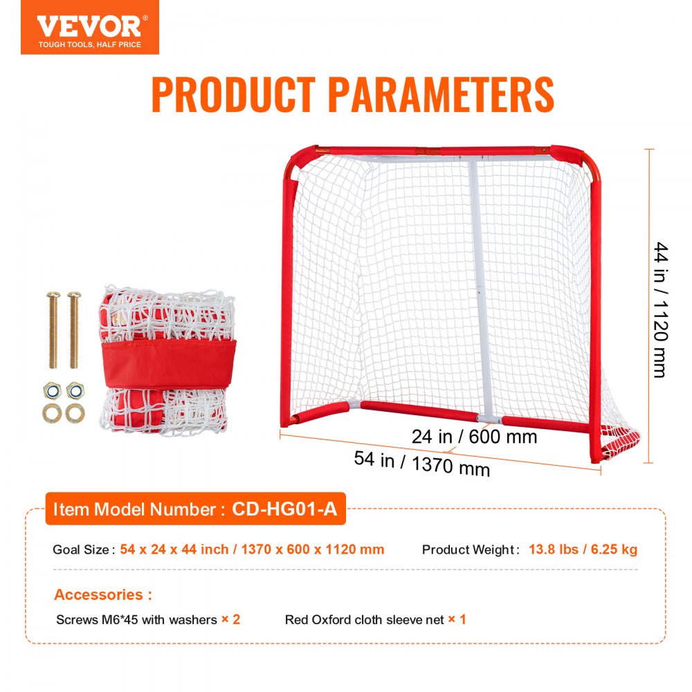 VEVOR Youth Street Hockey Net, Indoor Outdoor Steel Hockey Goal, Portable Lightweight Youth Street + Roller for Kids, Junior Hockey Training Goal Set with Net, Easy Assemble, 54" x 44", White/Red