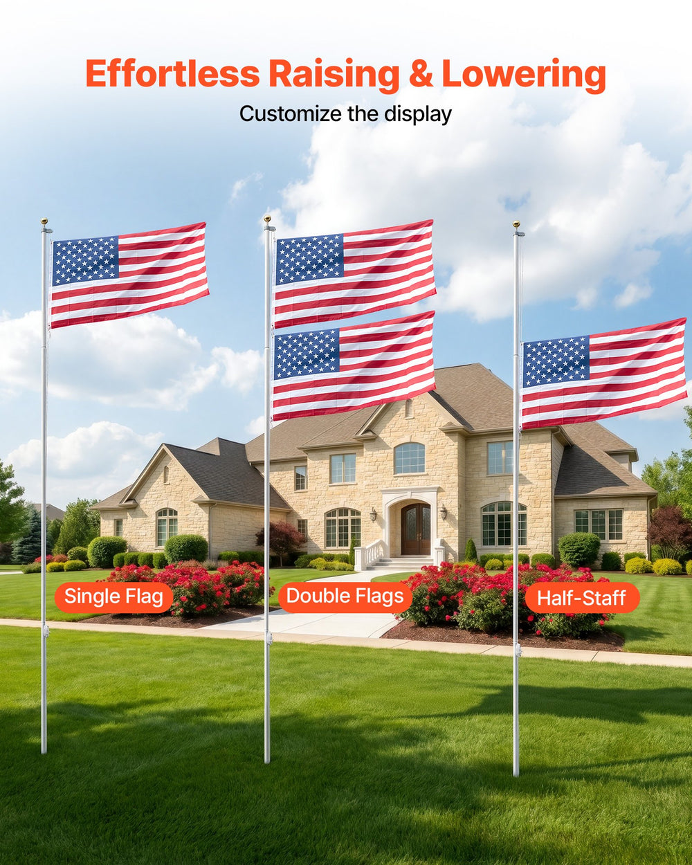 VEVOR Flag Pole, 20ft Heavy Duty Sectional Flagpole Kit for Outside House In Ground, Extra Thick Outdoor Aluminum Flagpole Kit with 3x5 American Flag for Yard, Residential or Commercial Use, Silver