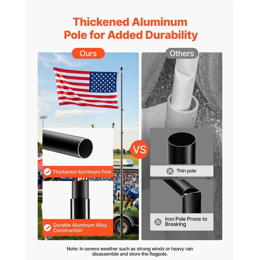 VEVOR Flag Pole, 20ft Heavy Duty Telescopic Flagpole Kit with Mounting Base for Vehicles, Extra Thick Outdoor Aluminum Flagpole Kit with 3x5 American Flag for Sedans, Pickups, RVs, Food Trucks, Black