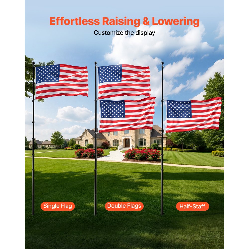 VEVOR Flag Pole, 20ft Heavy Duty Telescopic Flagpole Kit with Mounting Base for Vehicles, Extra Thick Outdoor Aluminum Flagpole Kit with 3x5 American Flag for Sedans, Pickups, RVs, Food Trucks, Black