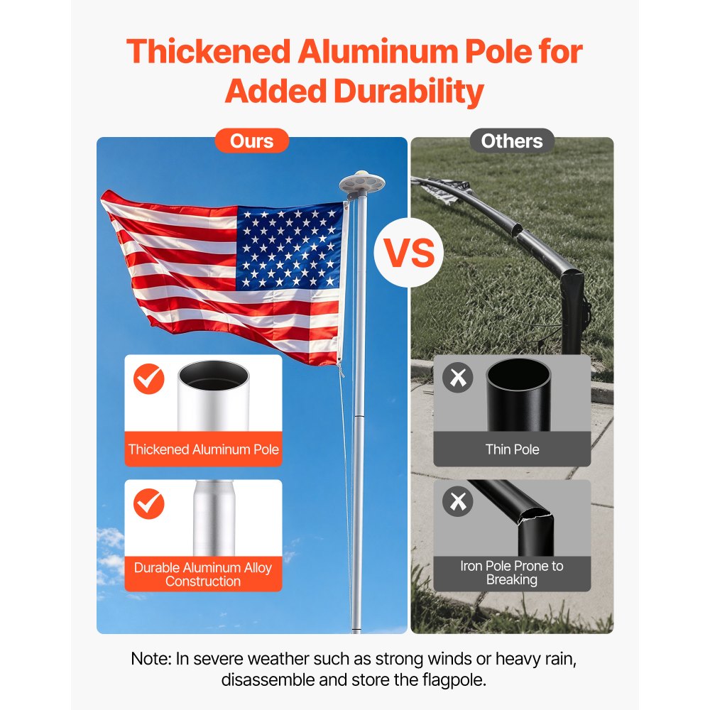 VEVOR Flag Pole, 20ft Heavy Duty Sectional Flagpole Kit with 136 LED Solar Light for Outside House In Ground, Outdoor Aluminum Flagpole with 3x5 American Flag for Yard, Residential, Commercial, Silver