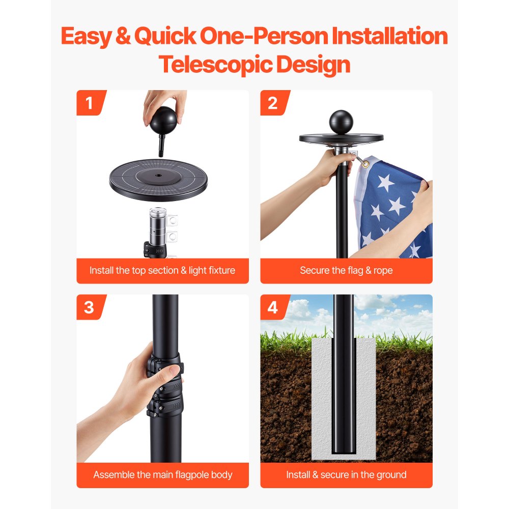 VEVOR Flag Pole, 20ft Heavy Duty Telescopic Flagpole Kit with 136 LED Solar Light for Outside House In Ground, Outdoor Aluminum Flagpole with 3x5 American Flag for Yard, Residential, Commercial, Black