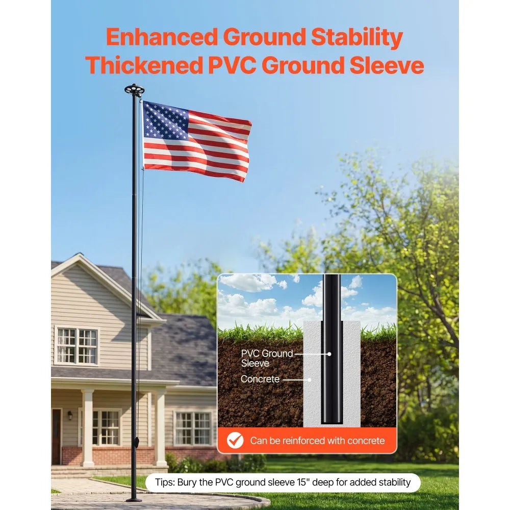 VEVOR Flag Pole, 25ft Heavy Duty Sectional Flagpole Kit with 136 LED Solar Light for Outside House In Ground, Outdoor Aluminum Flagpole with 3x5 American Flag for Yard, Residential, Commercial, Black