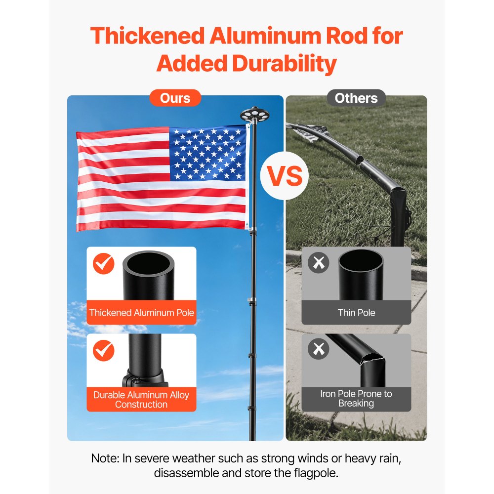 VEVOR Flag Pole, 25ft Heavy Duty Telescopic Flagpole Kit with 136 LED Solar Light for Outside House In Ground, Outdoor Aluminum Flagpole with 3x5 American Flag for Yard, Residential, Commercial, Black