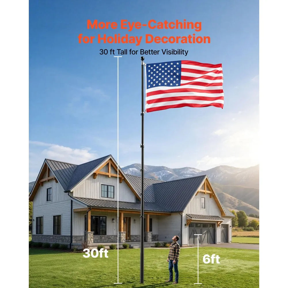 VEVOR Flag Pole, 30ft Heavy Duty Telescopic Flagpole Kit for Outside House In Ground, Extra Thick Outdoor Aluminum Flagpole Kit with 3x5 American Flag for Yard, Residential or Commercial Use, Black