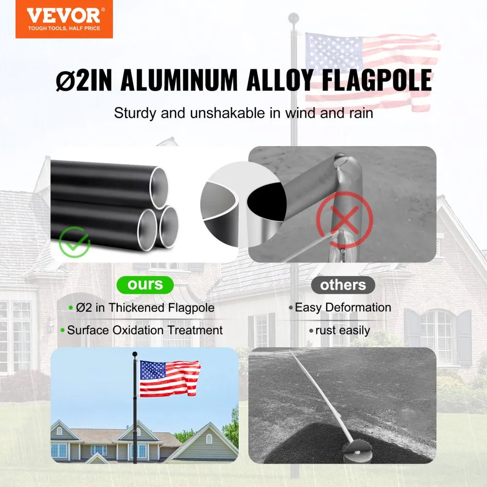 VEVOR 25FT Telescoping Flag pole Kit, Heavy Duty Aluminum Alloy in Ground Flag Poles for Outside, 3 Display Modes Flagpole with 3x5 American Flag, Professional Accessories, Black
