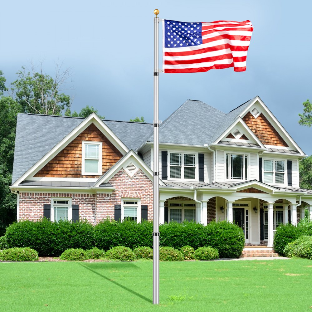 VEVOR 20FT Telescoping Flag pole Kit, Heavy Duty Aluminum Alloy in Ground Flag Poles for Outside, 3 Display Modes Flagpole with 3x5 American Flag, Professional Accessories, Silver