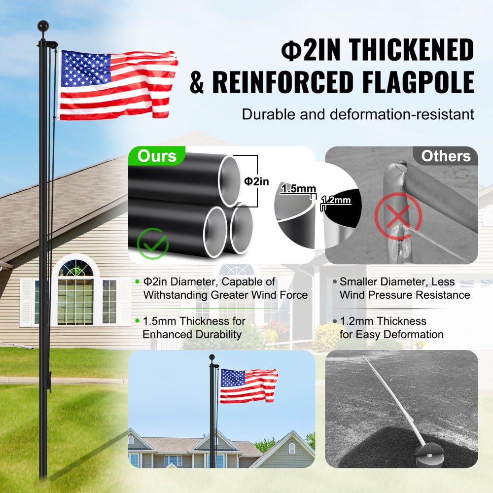 VEVOR 30FT Sectional Flag pole Kit, Heavy Duty Aluminum Alloy in Ground Flag poles for Outside, 3 Display Modes Flagpole with 3x5 American Flag, Professional Accessories, Black