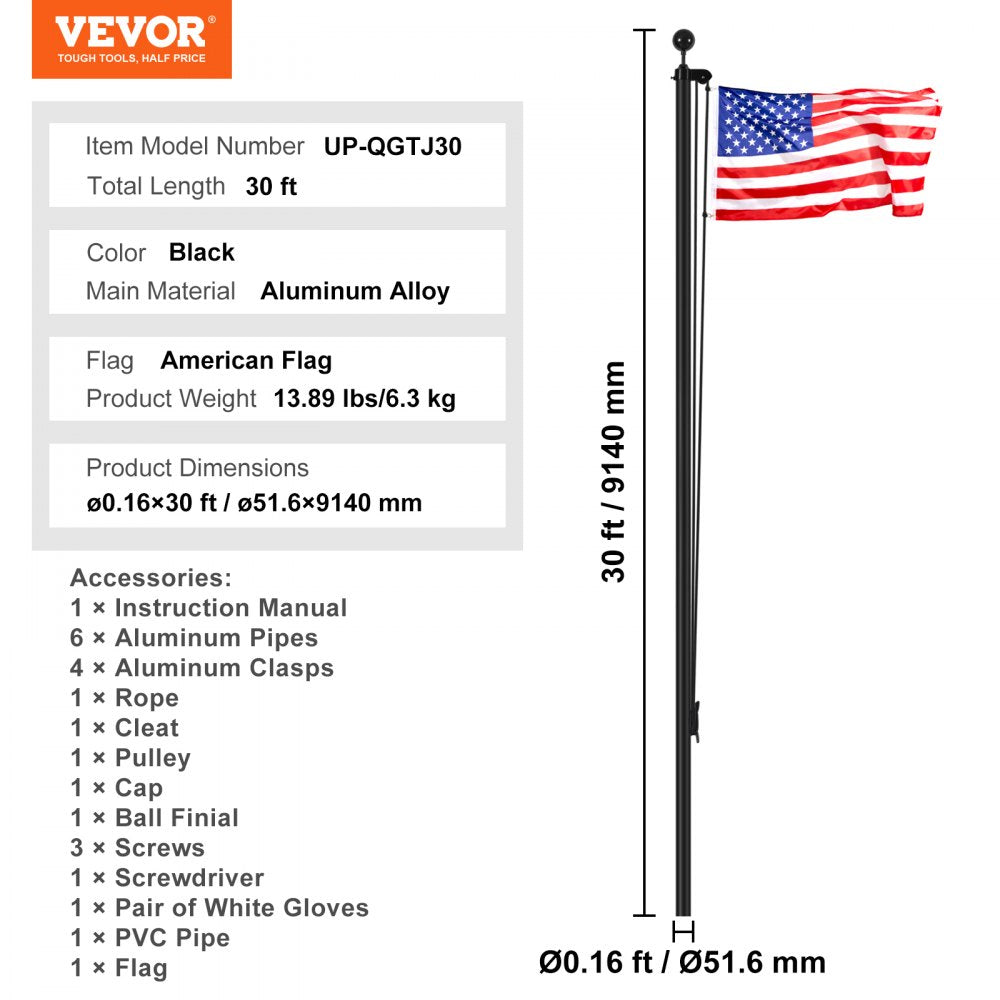 VEVOR 30FT Sectional Flag pole Kit, Heavy Duty Aluminum Alloy in Ground Flag poles for Outside, 3 Display Modes Flagpole with 3x5 American Flag, Professional Accessories, Black
