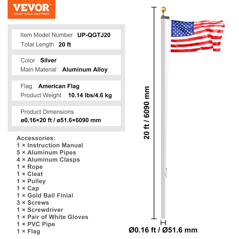 VEVOR 20FT Sectional Flag pole Kit, Heavy Duty Aluminum Alloy in Ground Flag poles for Outside, 3 Display Modes Flagpole with 3x5 American Flag, Professional Accessories, Silver