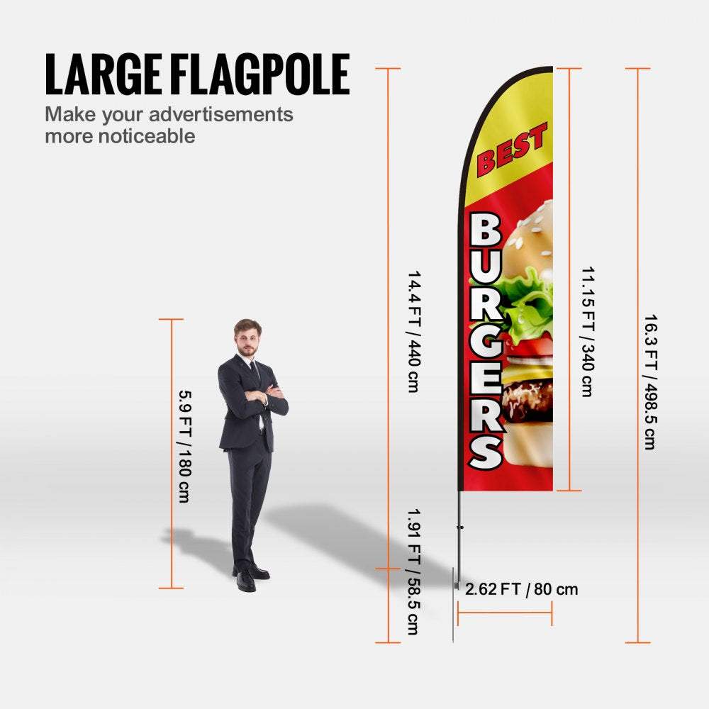 VEVOR Burger Restaurant Advertising Feather Flag with Pole Kit, Advertising Flags for Business Outside, Includes 1 Banner Flag, 1 Pole, 1 Ground Stake, Swooper Flag for Businesses 16.3 FT