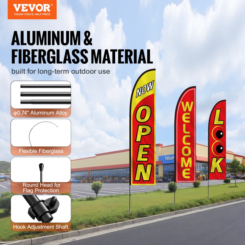 VEVOR Open Flags with Pole Kit, Advertising Flags for Business Outside, Advertising Feather Flag Kit, 3 Flags (Open, Look, Welcome), 3 Poles, 3 Ground Stakes, Swooper Flags for Businesses 16.3 FT