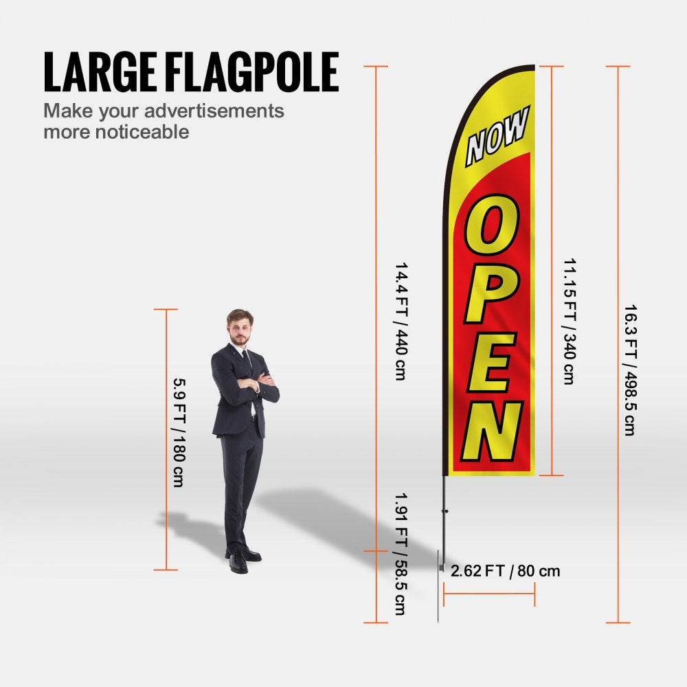 VEVOR Open Flags with Pole Kit, Advertising Flags for Business Outside, Advertising Feather Flag Kit, 3 Flags (Open, Look, Welcome), 3 Poles, 3 Ground Stakes, Swooper Flags for Businesses 16.3 FT