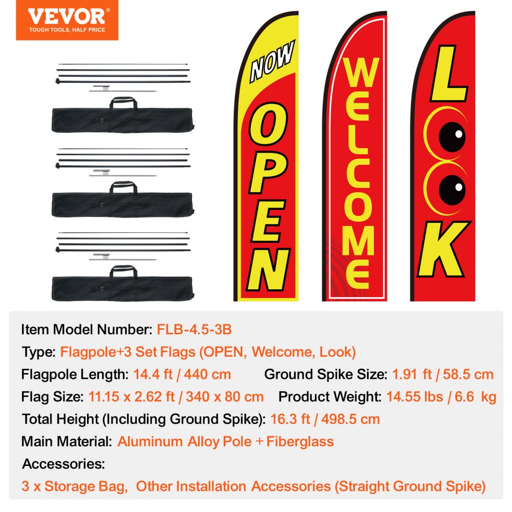 VEVOR Open Flags with Pole Kit, Advertising Flags for Business Outside, Advertising Feather Flag Kit, 3 Flags (Open, Look, Welcome), 3 Poles, 3 Ground Stakes, Swooper Flags for Businesses 16.3 FT