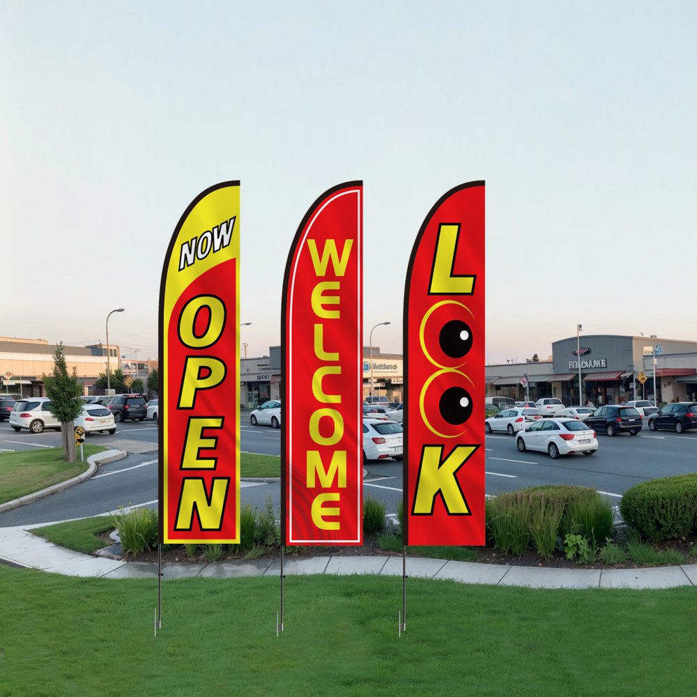 VEVOR Open Flags with Pole Kit, Advertising Flags for Business Outside, Advertising Feather Flag Kit, 3 Flags (Open, Look, Welcome), 3 Poles, 3 Ground Stakes, Swooper Flags for Businesses 16.3 FT