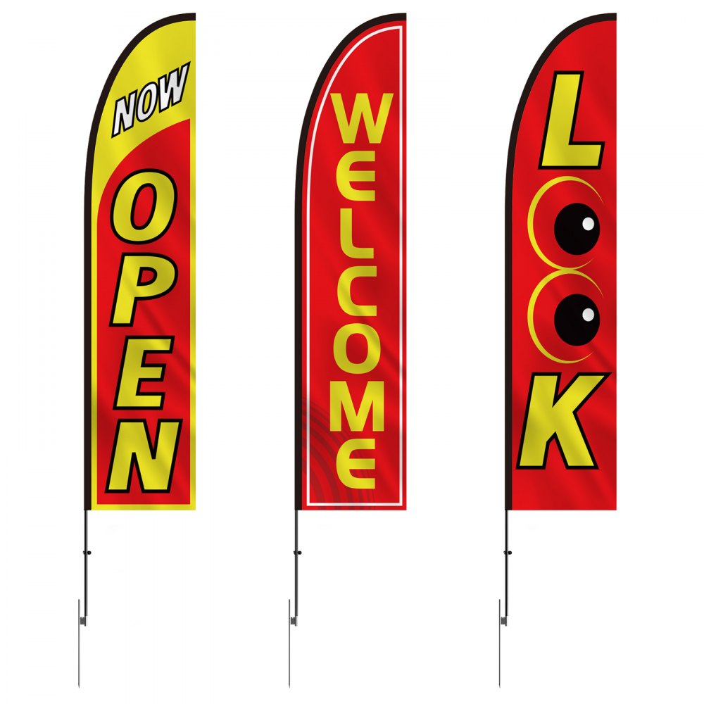 VEVOR Open Flags with Pole Kit, Advertising Flags for Business Outside, Advertising Feather Flag Kit, 3 Flags (Open, Look, Welcome), 3 Poles, 3 Ground Stakes, Swooper Flags for Businesses 16.3 FT