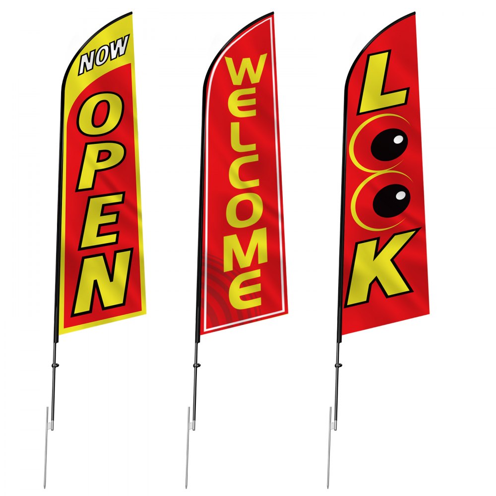 VEVOR Open Flags with Pole Kit, Advertising Flags for Business Outside, Advertising Feather Flag Kit, 3 Flags (Open, Look, Welcome), 3 Poles, 3 Ground Stakes, Swooper Flags for Businesses 16.3 FT