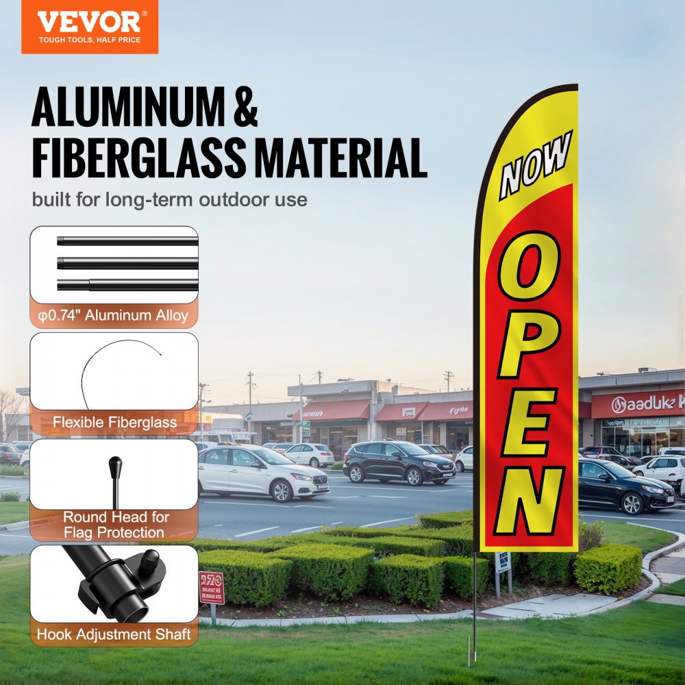 VEVOR Open Flag with Pole Kit, Advertising Flag for Business Outside, Advertising Feather Flag Kit, Includes 1 Banner Flag, 1 Pole, 1 Ground Stake, Open Signs Swooper Flag for Businesses 16.3 FT