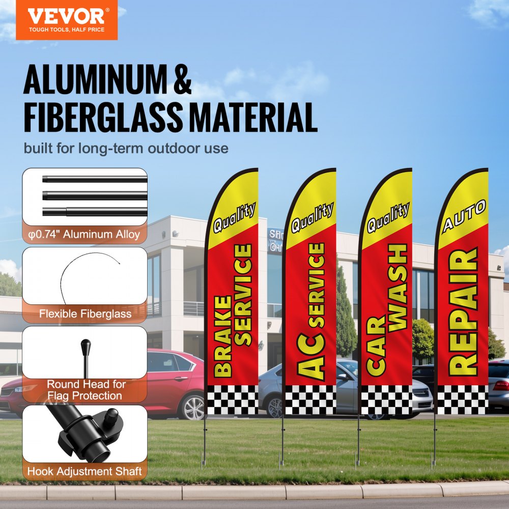 VEVOR Auto Repair Advertising Feather Flag with Pole Kit, Advertising Flags for Business Outside, Includes 4 Banner Flags, 4 Poles, 4 Ground Stakes, Swooper Flags for Businesses 16.3 FT