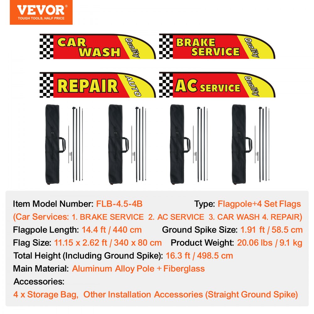 VEVOR Auto Repair Advertising Feather Flag with Pole Kit, Advertising Flags for Business Outside, Includes 4 Banner Flags, 4 Poles, 4 Ground Stakes, Swooper Flags for Businesses 16.3 FT